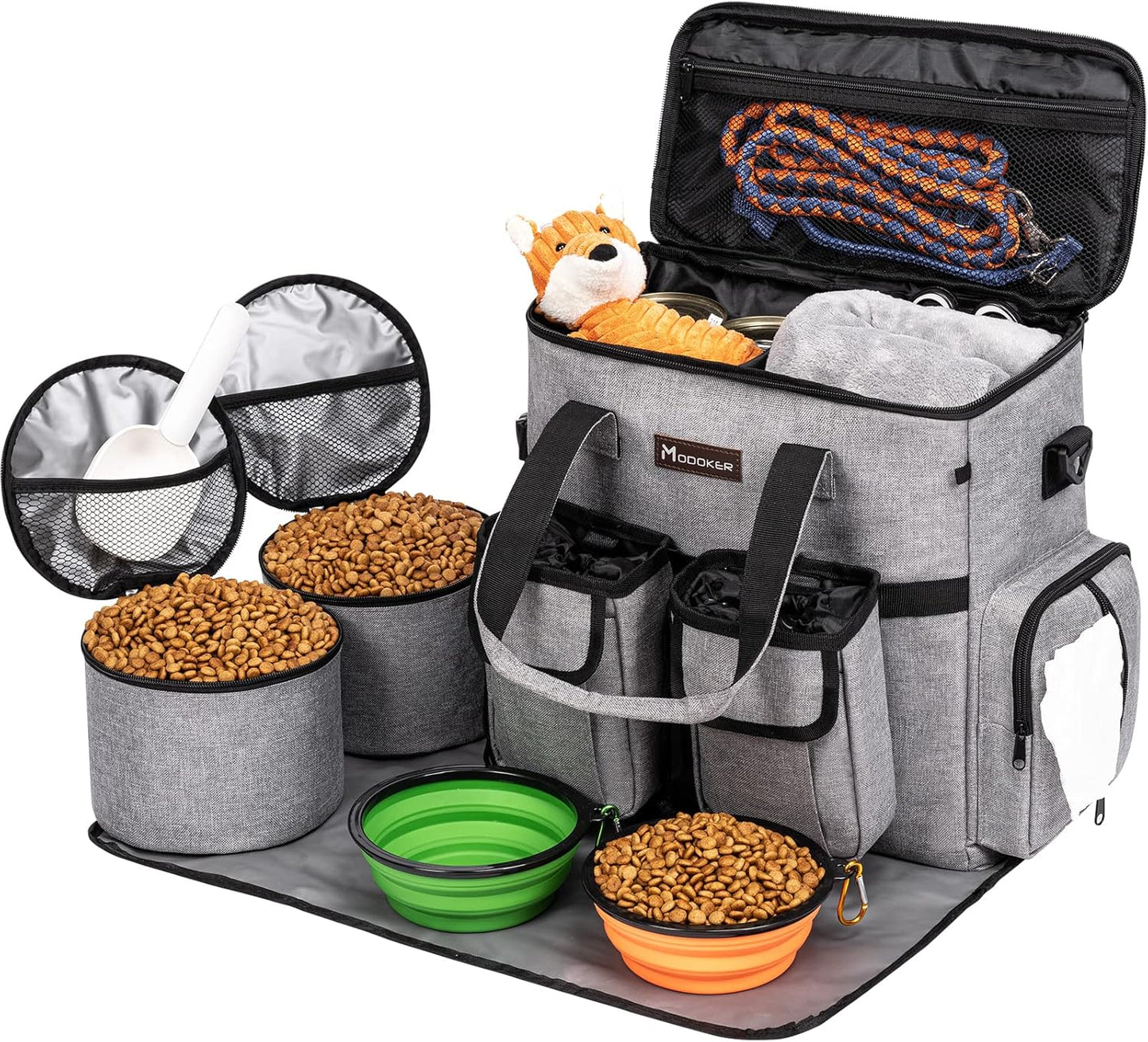 Dog and Cat Travel Bag, Weekend Pet Travel Set for Dog and Cat, Airline Approved Tote Organizer with Multi-Function Pockets, 2 Food Storage Containers, 2 Collapsible Bowls, 1 Feeding Mat (Blue)