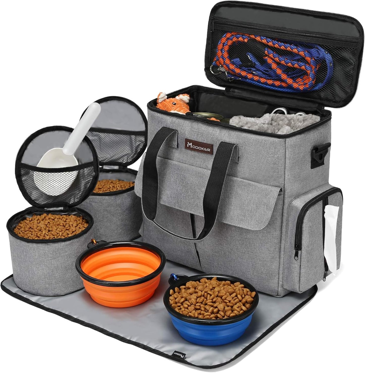 Dog and Cat Travel Bag, Weekend Pet Travel Set for Dog and Cat, Airline Approved Tote Organizer with Multi-Function Pockets, 2 Food Storage Containers, 2 Collapsible Bowls, 1 Feeding Mat (Blue)