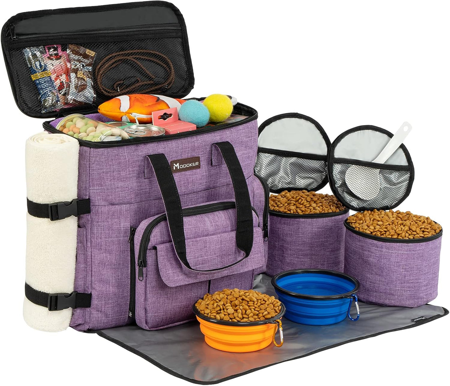 Dog and Cat Travel Bag, Weekend Pet Travel Set for Dog and Cat, Airline Approved Tote Organizer with Multi-Function Pockets, 2 Food Storage Containers, 2 Collapsible Bowls, 1 Feeding Mat (Blue)