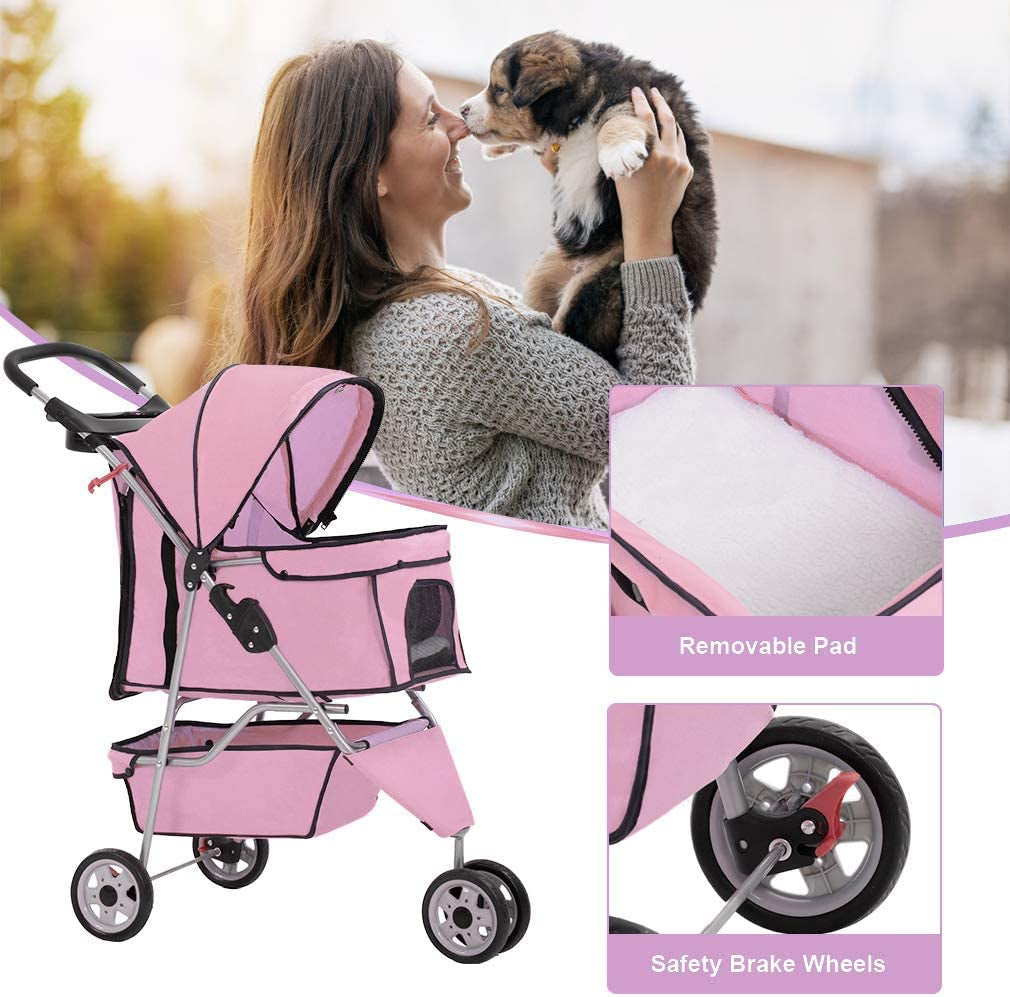 Premium Pink Pet Stroller: Stylish and Functional Carrier for Small Dogs and Cats with Convenient Cup Holder for Treats on the Go