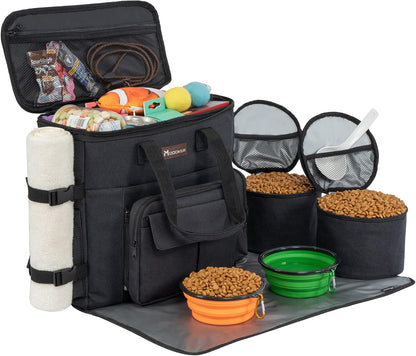 Dog and Cat Travel Bag, Weekend Pet Travel Set for Dog and Cat, Airline Approved Tote Organizer with Multi-Function Pockets, 2 Food Storage Containers, 2 Collapsible Bowls, 1 Feeding Mat (Blue)