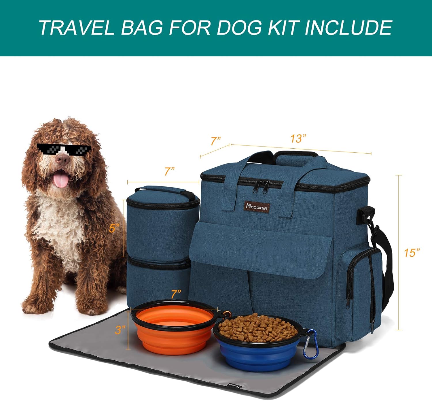 Dog and Cat Travel Bag, Weekend Pet Travel Set for Dog and Cat, Airline Approved Tote Organizer with Multi-Function Pockets, 2 Food Storage Containers, 2 Collapsible Bowls, 1 Feeding Mat (Blue)