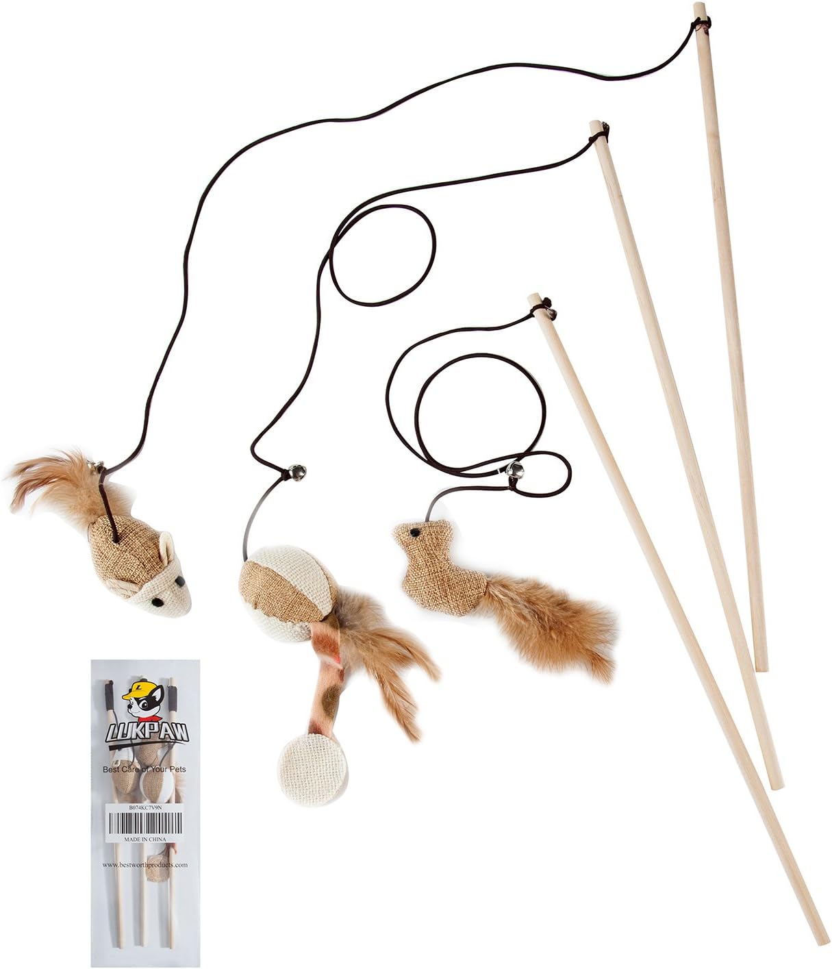 Ultimate Feline Playtime Bundle: Engaging Cat Toy Set with Sisal Wands, Interactive Mouse, Jingle Bell, Feather Teaser, and Elastic String for Endless Fun