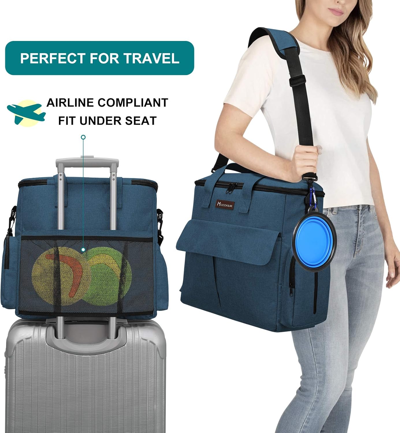 Dog and Cat Travel Bag, Weekend Pet Travel Set for Dog and Cat, Airline Approved Tote Organizer with Multi-Function Pockets, 2 Food Storage Containers, 2 Collapsible Bowls, 1 Feeding Mat (Blue)