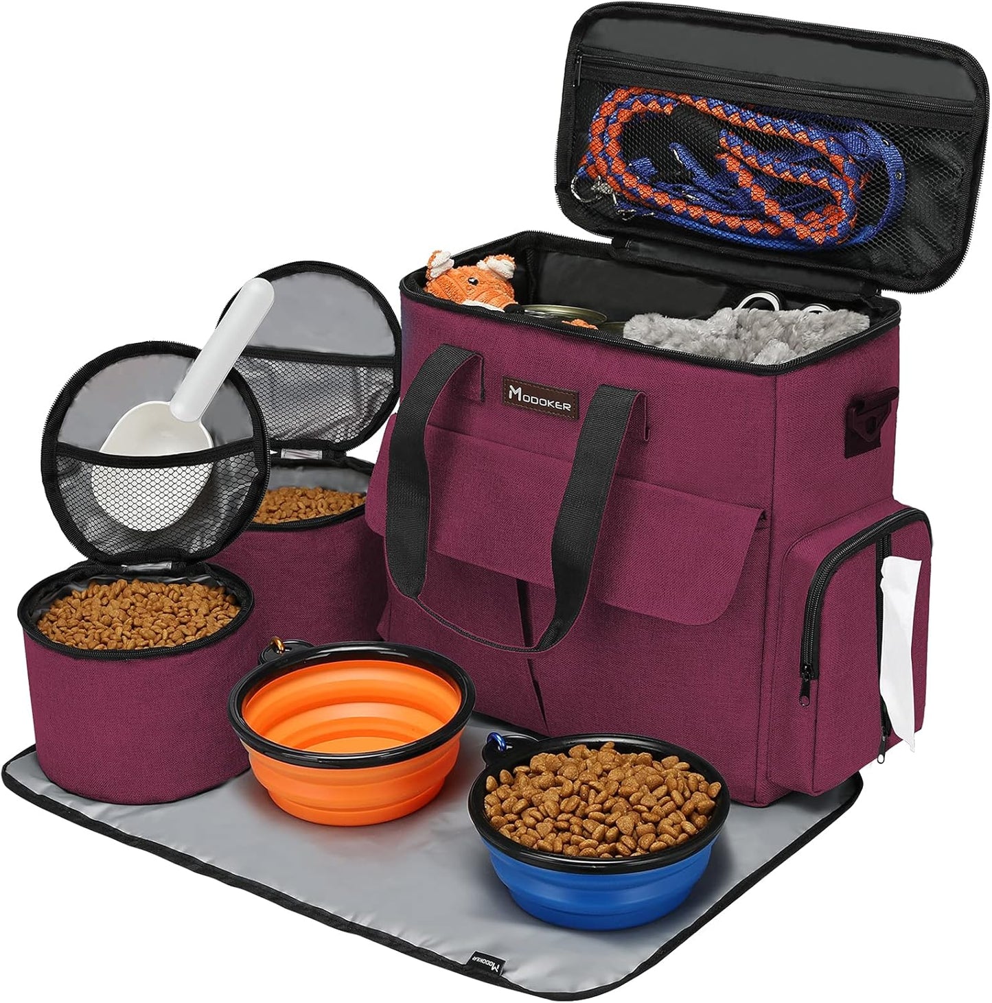 Dog and Cat Travel Bag, Weekend Pet Travel Set for Dog and Cat, Airline Approved Tote Organizer with Multi-Function Pockets, 2 Food Storage Containers, 2 Collapsible Bowls, 1 Feeding Mat (Blue)