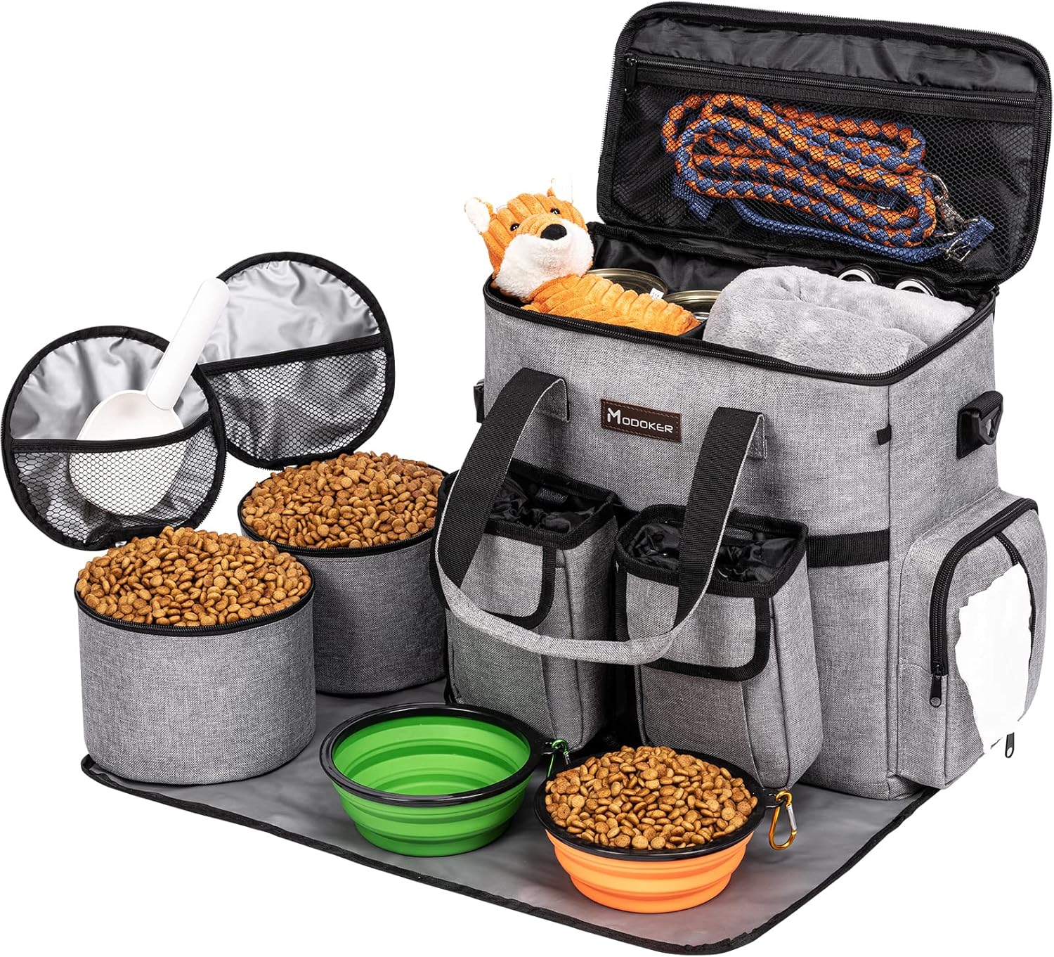 Dog and Cat Travel Bag, Weekend Pet Travel Set for Dog and Cat, Airline Approved Tote Organizer with Multi-Function Pockets, 2 Food Storage Containers, 2 Collapsible Bowls, 1 Feeding Mat (Blue)