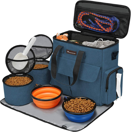 Dog and Cat Travel Bag, Weekend Pet Travel Set for Dog and Cat, Airline Approved Tote Organizer with Multi-Function Pockets, 2 Food Storage Containers, 2 Collapsible Bowls, 1 Feeding Mat (Blue)