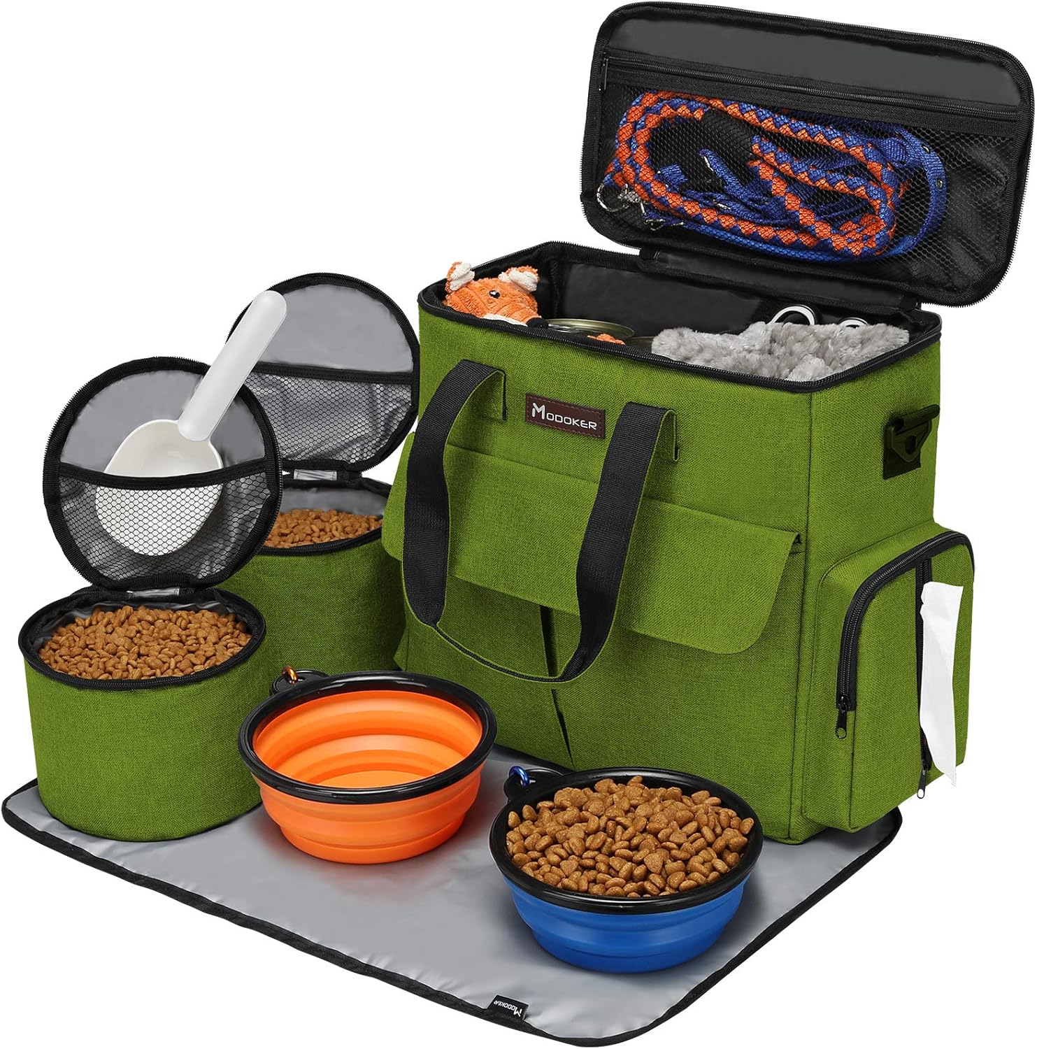 Dog and Cat Travel Bag, Weekend Pet Travel Set for Dog and Cat, Airline Approved Tote Organizer with Multi-Function Pockets, 2 Food Storage Containers, 2 Collapsible Bowls, 1 Feeding Mat (Blue)