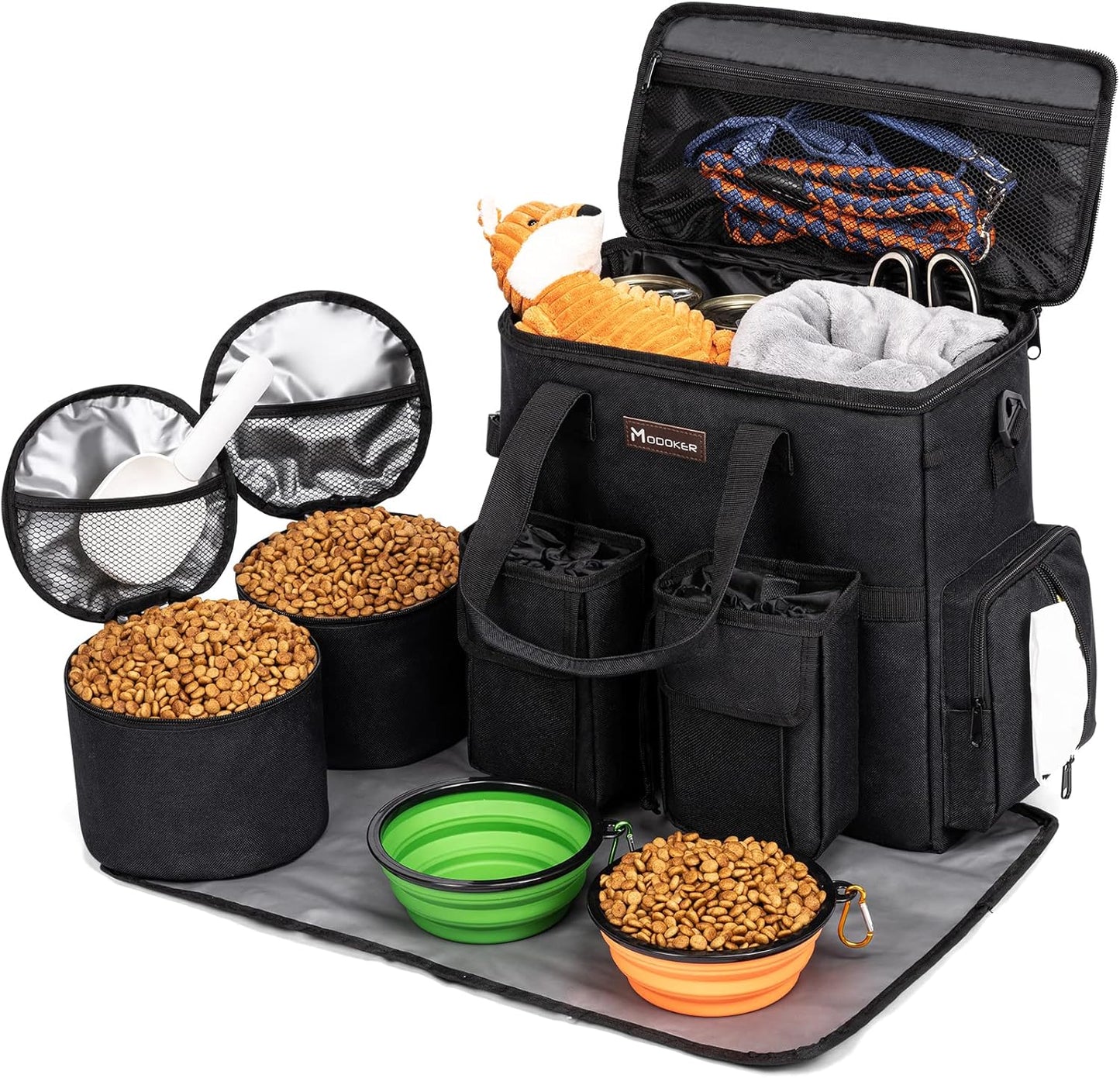 Dog and Cat Travel Bag, Weekend Pet Travel Set for Dog and Cat, Airline Approved Tote Organizer with Multi-Function Pockets, 2 Food Storage Containers, 2 Collapsible Bowls, 1 Feeding Mat (Blue)