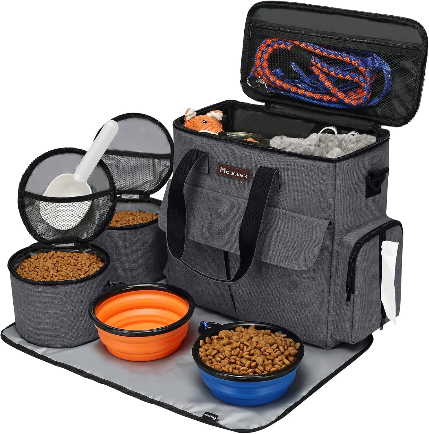 Dog and Cat Travel Bag, Weekend Pet Travel Set for Dog and Cat, Airline Approved Tote Organizer with Multi-Function Pockets, 2 Food Storage Containers, 2 Collapsible Bowls, 1 Feeding Mat (Blue)