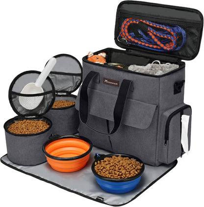 Dog and Cat Travel Bag, Weekend Pet Travel Set for Dog and Cat, Airline Approved Tote Organizer with Multi-Function Pockets, 2 Food Storage Containers, 2 Collapsible Bowls, 1 Feeding Mat (Blue)