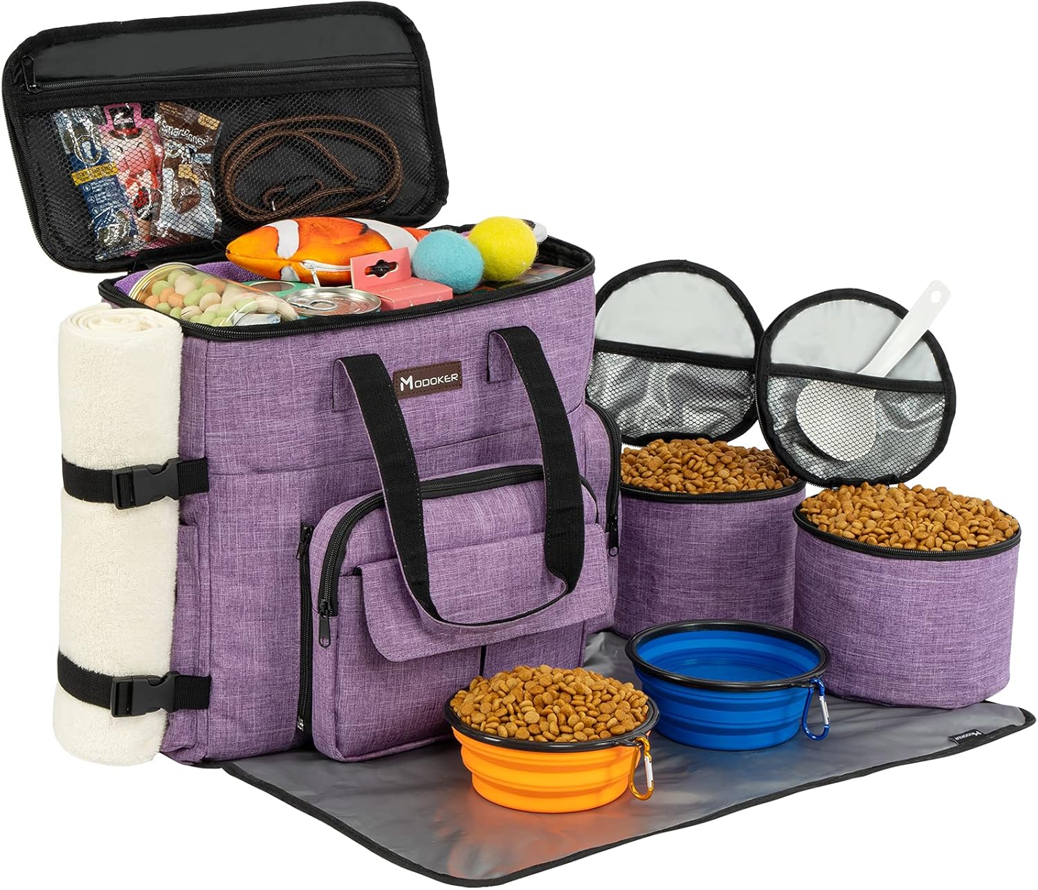 Dog and Cat Travel Bag, Weekend Pet Travel Set for Dog and Cat, Airline Approved Tote Organizer with Multi-Function Pockets, 2 Food Storage Containers, 2 Collapsible Bowls, 1 Feeding Mat (Blue)