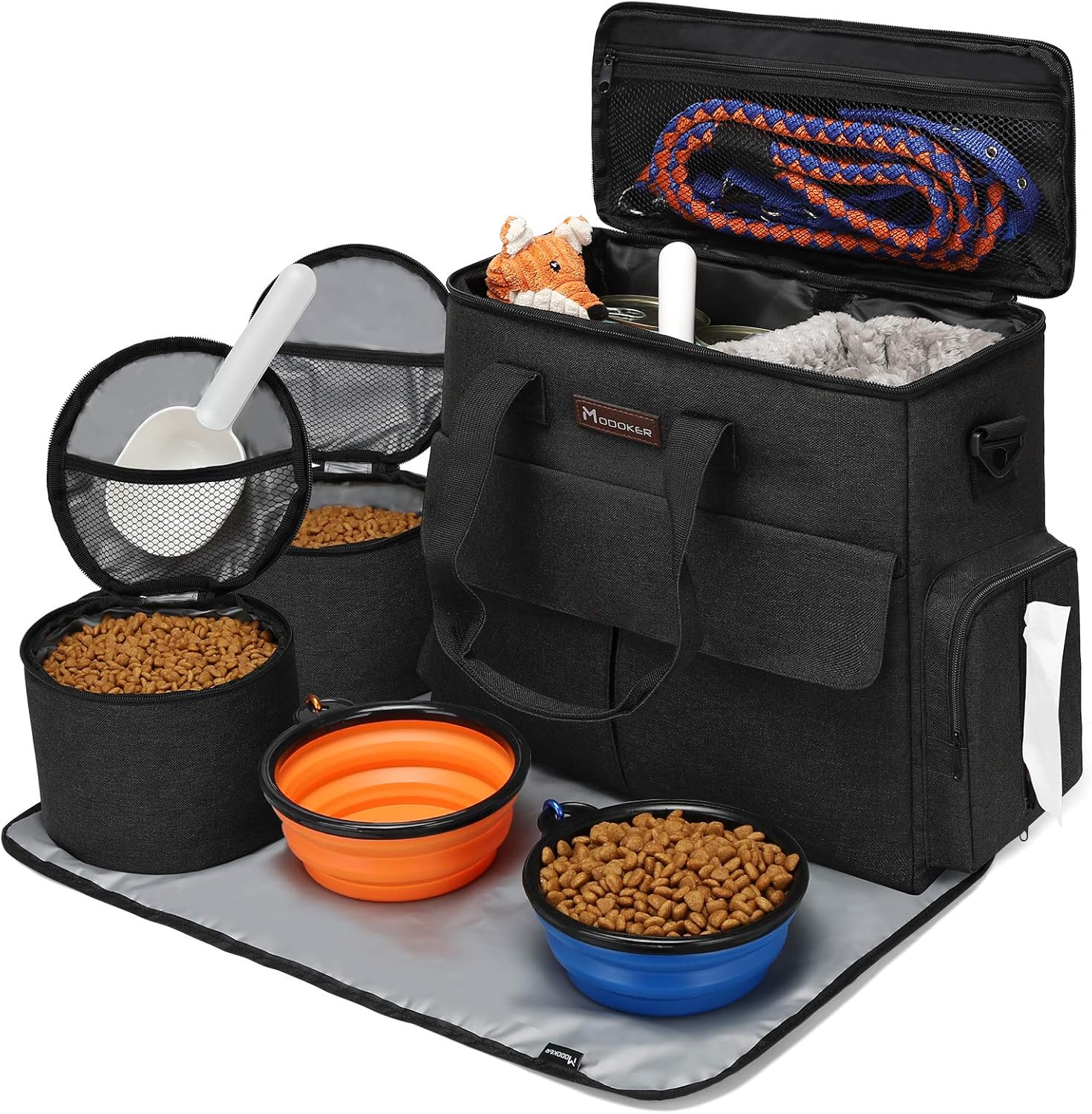 Dog and Cat Travel Bag, Weekend Pet Travel Set for Dog and Cat, Airline Approved Tote Organizer with Multi-Function Pockets, 2 Food Storage Containers, 2 Collapsible Bowls, 1 Feeding Mat (Blue)