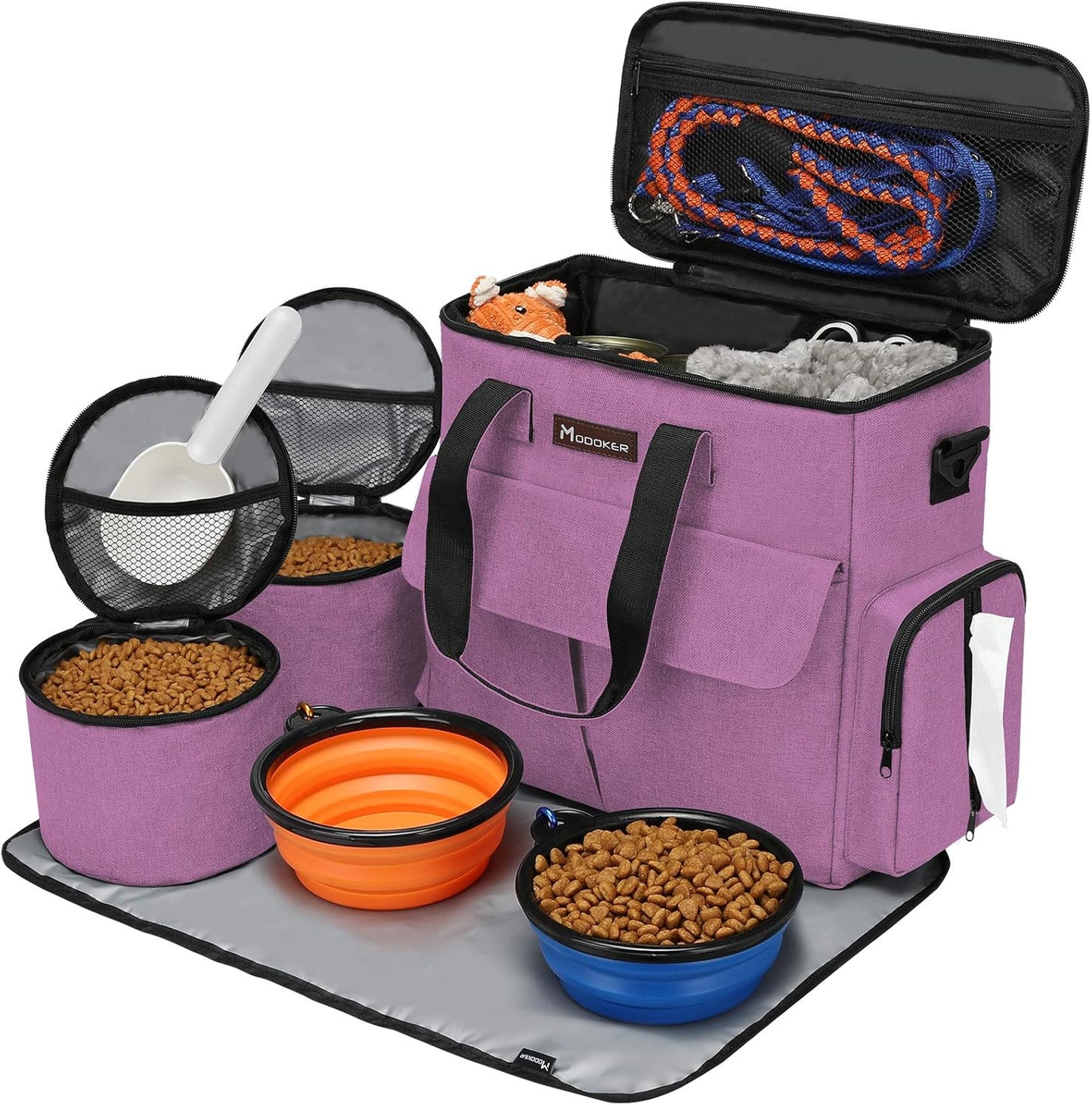 Dog and Cat Travel Bag, Weekend Pet Travel Set for Dog and Cat, Airline Approved Tote Organizer with Multi-Function Pockets, 2 Food Storage Containers, 2 Collapsible Bowls, 1 Feeding Mat (Blue)