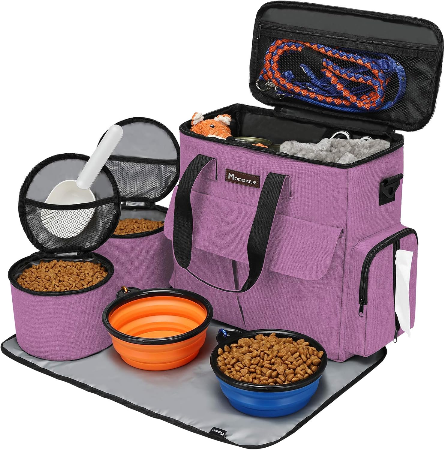 Dog and Cat Travel Bag, Weekend Pet Travel Set for Dog and Cat, Airline Approved Tote Organizer with Multi-Function Pockets, 2 Food Storage Containers, 2 Collapsible Bowls, 1 Feeding Mat (Blue)