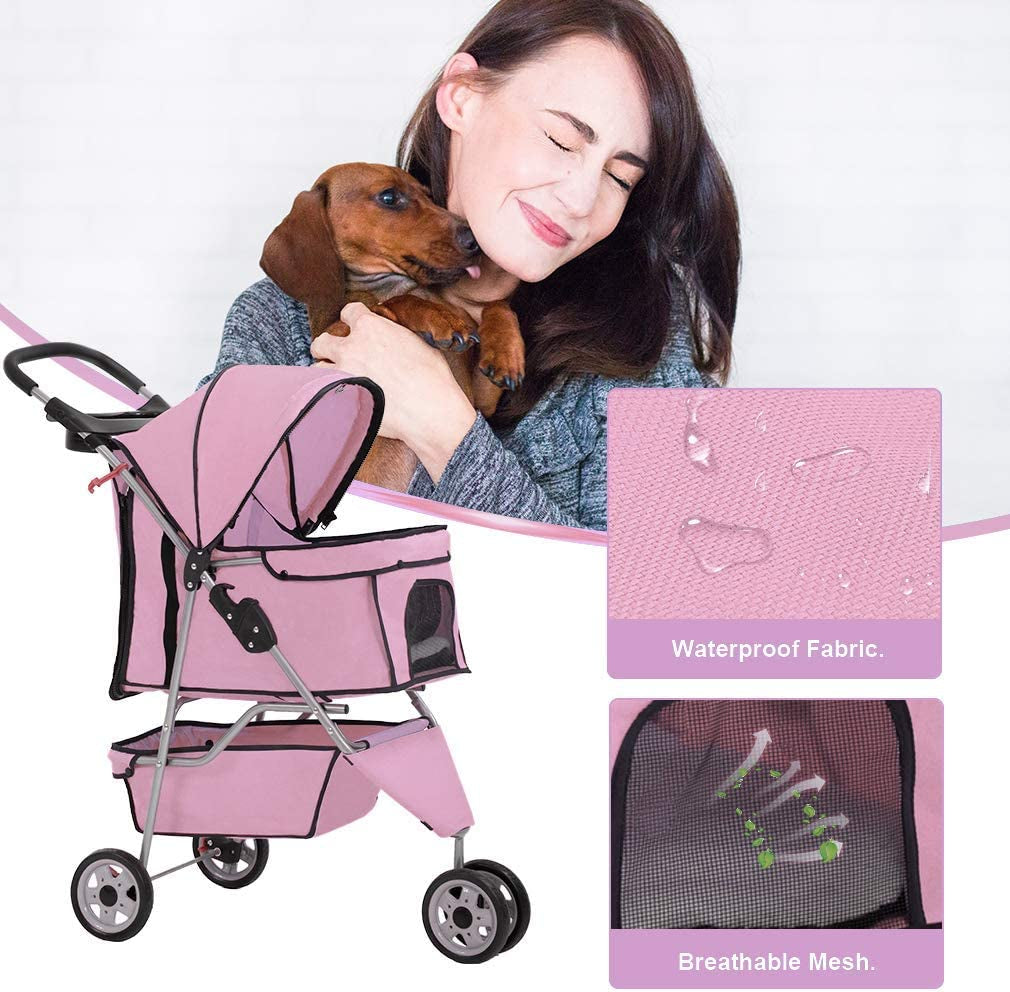 Premium Pink Pet Stroller: Stylish and Functional Carrier for Small Dogs and Cats with Convenient Cup Holder for Treats on the Go