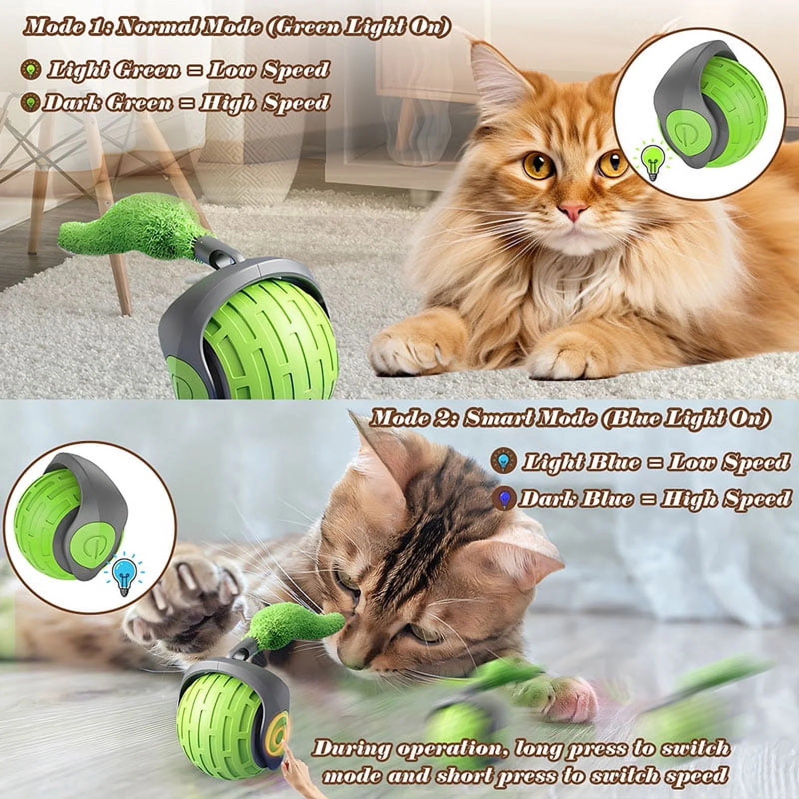 Rechargeable Interactive Cat Ball Toys with Faux Tails - 2 Pack Smart Indoor Fun for Your Feline Friend